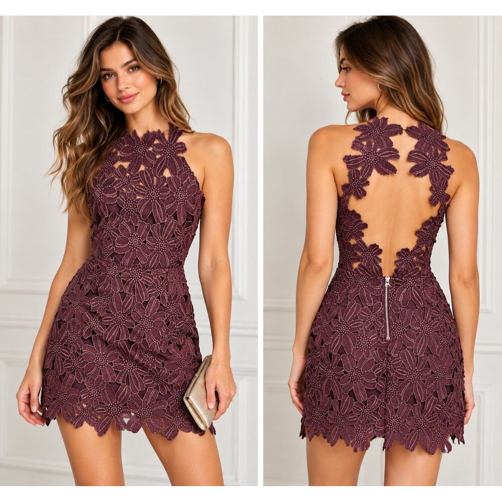 Romantic Floral Lace Mini Dress Saylor Jessa Burgundy Sleeveless Women’s L
